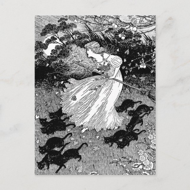 Junge Hexe und schwarze Katzen Postkarte (Vorderseite)