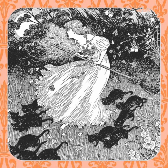 Junge Hexe und schwarze Katzen Quadratischer Aufkleber (Von Creator hochgeladen)