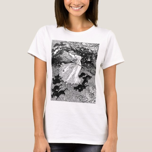 Junge Hexe und schwarze Katzen T-Shirt (Vorderseite)