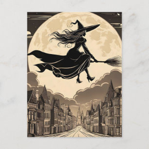 Junge Hexe zu Halloween reitet auf einem Besen übe Postkarte