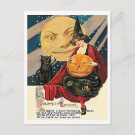 Junge Hexenfrau hält Kürbis bei Vollmond Postkarte