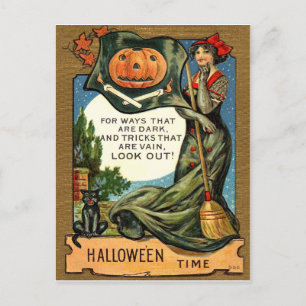 Junge Hexenin mit Besen und Kürbis, Vintag Postkarte