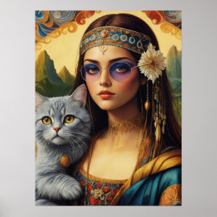 Junge Hippie-Mona Lisa und ihre graue Katze Poster