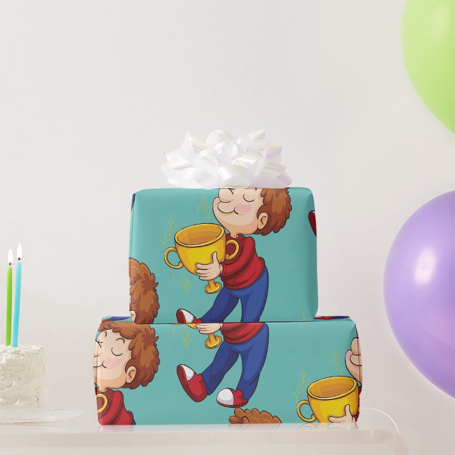 Junge Holding Golden Trophy Award Gewinner Geschenkpapier (Von Creator hochgeladen)