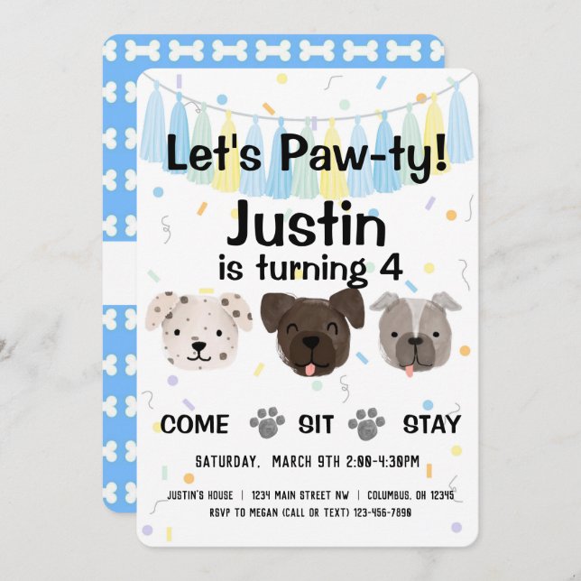 Junge Hunde Geschlecht neutral oder Junge Geburtst Einladung (Vorne/Hinten)