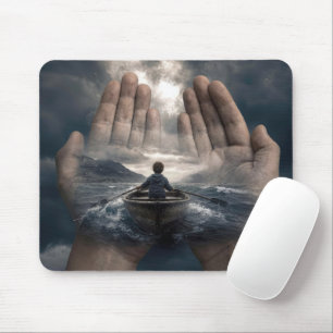 Junge im Ruderboot, geführt von erwachsenen Händen Mousepad