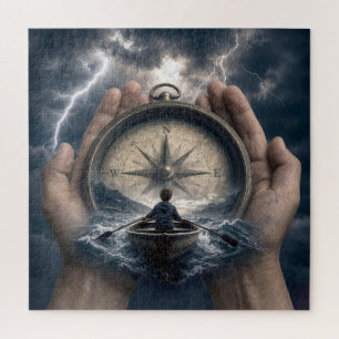Junge im Ruderboot, geleitet von einem Kompass Puzzle