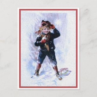 Junge im Vintage-Stil spielt Schneebälle Postkarte