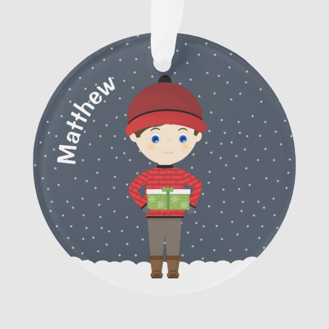 Junge im Winter Schneefall Ornament (Vorderseite)