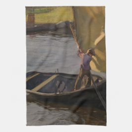 Junge in einem Sailboat am Fluss (von Magnus Encke Geschirrtuch