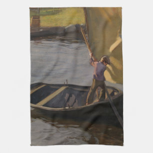 Junge in einem Sailboat am Fluss (von Magnus Encke Geschirrtuch