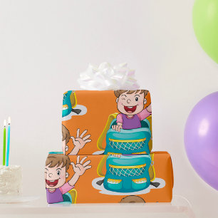 Junge in Rucksack Wave Fun School Kind Geschenkpapier