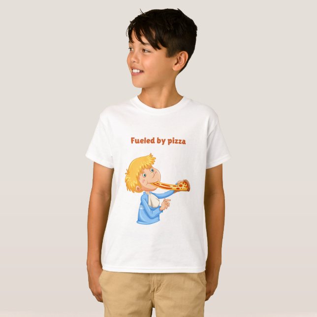 Junge isst eine riesige Scheibe Pizza T-Shirt (Vorne ganz)