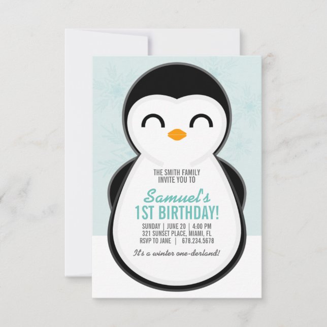 Junge JEDES ALTER Winter PENGUIN GEBURTSTAG niedli Einladung (Vorderseite)
