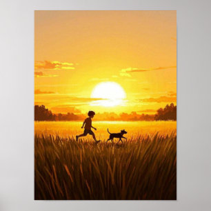 Junge Junge, die mit Hund bei Sonnenuntergang renn Poster