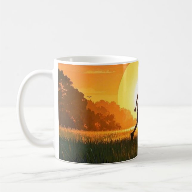 Junge Junge mit Hund bei Sonnenuntergang Kaffeetasse (Links)