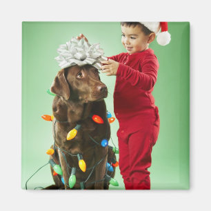 Junge Junge packt Weihnachtsleuchten um einen Hund Magnet