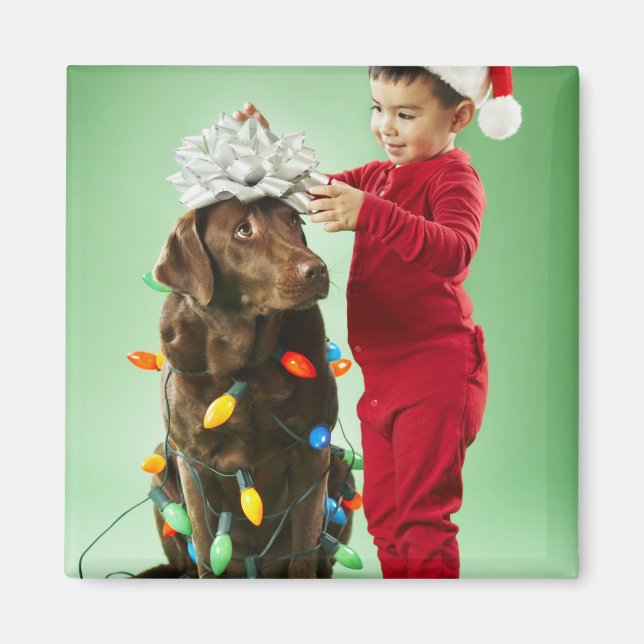 Junge Junge packt Weihnachtsleuchten um einen Hund Magnet (Vorne)