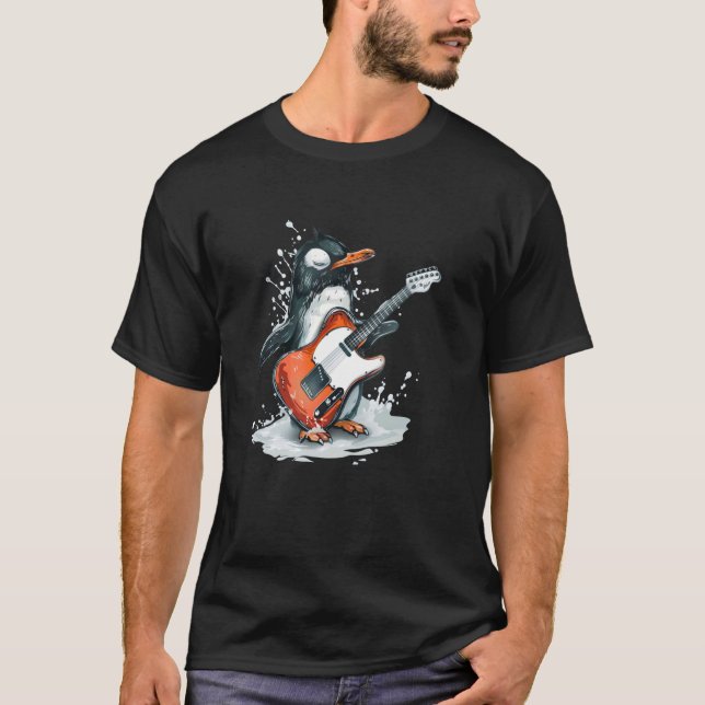 Junge Kaiser Pinguin Kostüm mit Gitarre T-Shirt (Vorderseite)