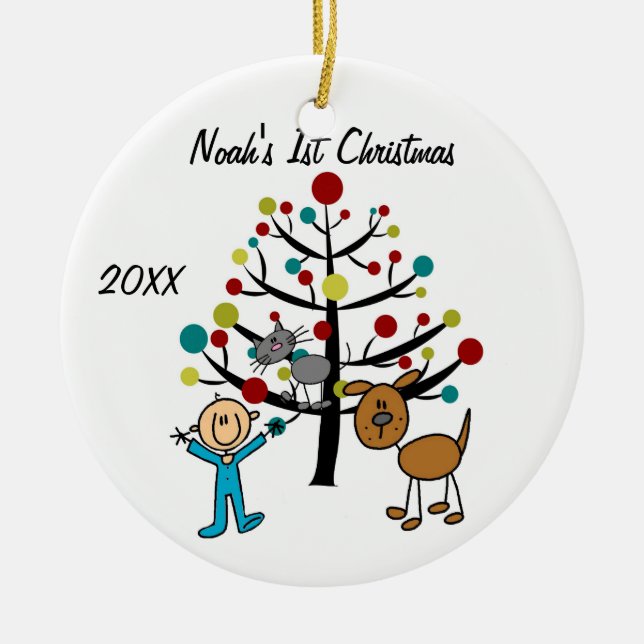Junge, Katze und Hund 1. Weihnachtsfeier Keramik Ornament (Vorne)