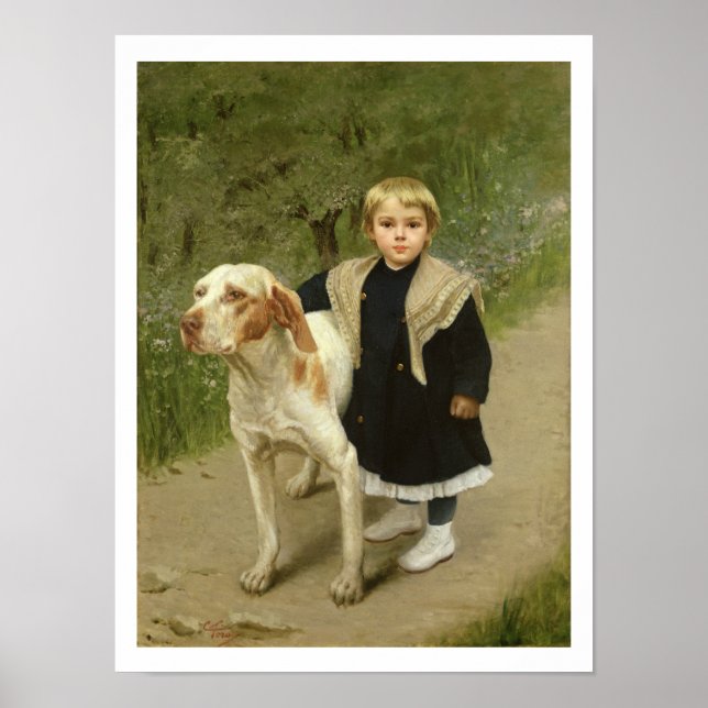 Junge Kinder und ein großer Hund (Öl auf Leinwand) Poster (Vorne)