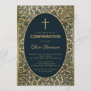 Junge Konfirmation Gold Blätter Kreuz Elegant Blau Einladung