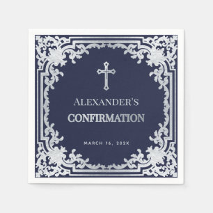 Junge Konfirmation Navy Blau Vintage Faux Silber Serviette