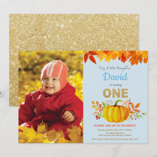 Junge Kürbis Herbst Erster Geburtstag Gold Glitter Einladung