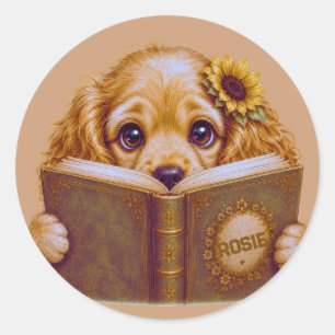 Junge lieben Bücher, Cocker Spaniel Welpe Runder Aufkleber