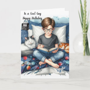 Junge liest Bücher mit Katzen Geburtstag Karte