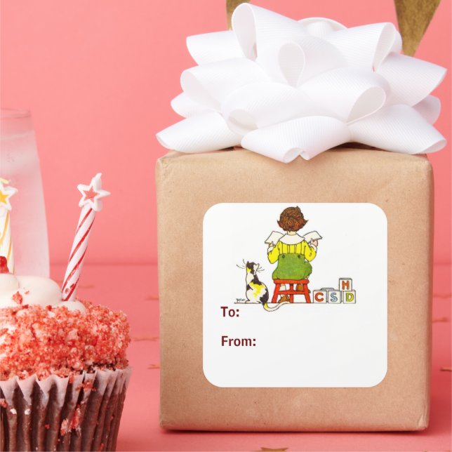 Junge liest Geschenkmarke Quadratischer Aufkleber (Party)