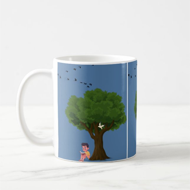 Junge liest unter Baum Friedliche Natur Lesend Kaffeetasse (Links)