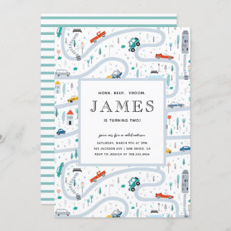 Junge LKW und Autos Stadt Zweite Geburtstagsparty Einladung