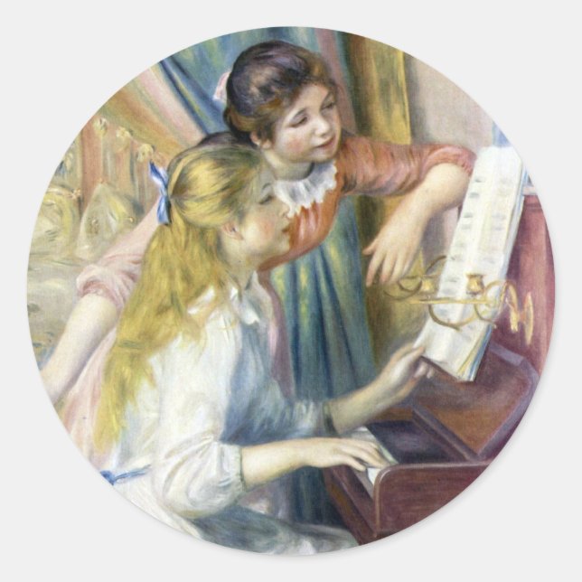 Junge Mädchen am Piano von Pierre Renoir Runder Aufkleber (Vorderseite)