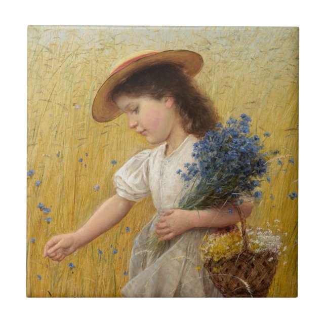 Junge Mädchen auf einem Weizenfeld Fliese (Vorderseite)