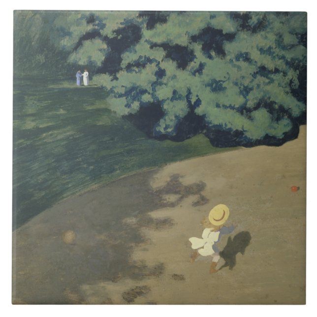 Junge Mädchen, die nach einem Roten Ball laufen (K Fliese (Vorderseite)