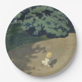 Junge Mädchen, die nach einem Roten Ball laufen (K Pappteller