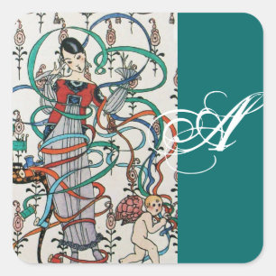 JUNGE MÄDCHEN, FARBBONNE WIRBEL, KUPID MONOGRAMM QUADRATISCHER AUFKLEBER