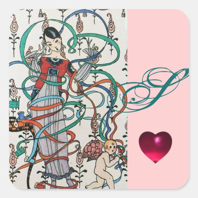 JUNGE MÄDCHEN, FARBBONNE WIRBEL, KUPID MONOGRAMM QUADRATISCHER AUFKLEBER (Vorderseite)