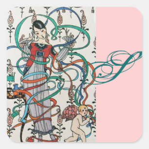 JUNGE MÄDCHEN, FARBBONNE WIRBEL, KUPID MONOGRAMM QUADRATISCHER AUFKLEBER