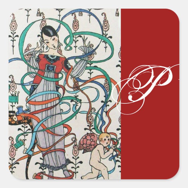 JUNGE MÄDCHEN, FARBBONNE WIRBEL, KUPID MONOGRAMM QUADRATISCHER AUFKLEBER (Vorderseite)