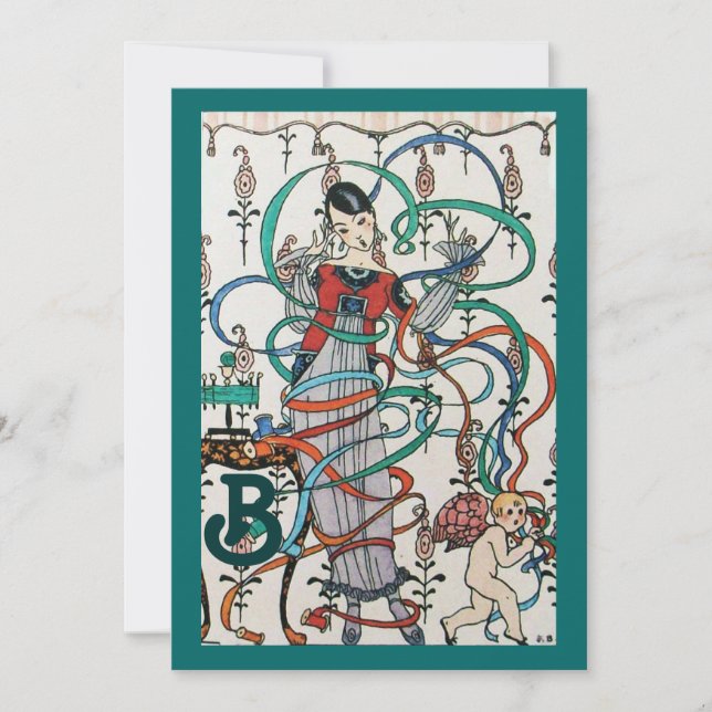 JUNGE MÄDCHEN, FARBBONNEN BRAUTPARTY MONOGRAMM EINLADUNG (Vorderseite)