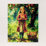 Junge Mädchen in einem Apfelgarten Puzzle<br><div class="desc">Puzzle in einem Aquarellporträt eines jungen Mädchens in einem roten Kleid,  das in einem Obstgarten stehend ist,  mit einem Korb Äpfel. Um sie herum sind reife Äpfel auf dem Boden und hängen von Bäumen. Die Szene ruft Wärme,  Unschuld und die Schönheit der Natur hervor.</div>