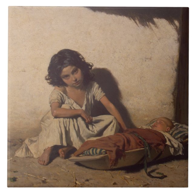 Junge Mädchen mit einem Baby (arme Straßenkinder) Fliese (Vorderseite)