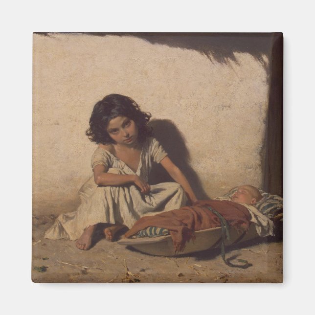 Junge Mädchen mit einem Baby (arme Straßenkinder) Magnet (Vorne)