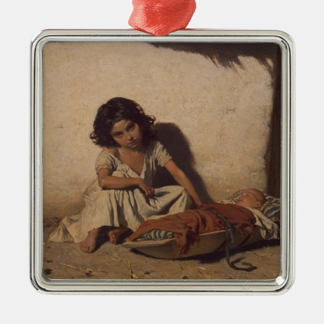 Junge Mädchen mit einem Baby (arme Straßenkinder) Ornament Aus Metall (Vorne)