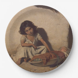 Junge Mädchen mit einem Baby (arme Straßenkinder) Pappteller