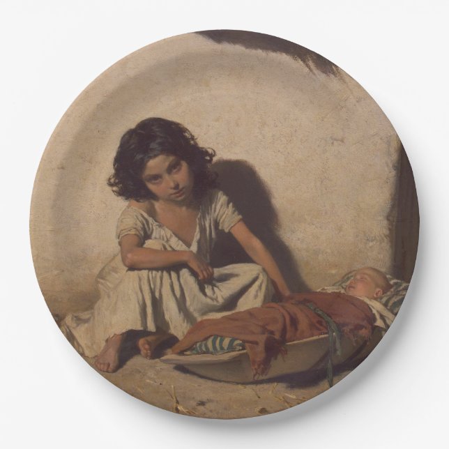 Junge Mädchen mit einem Baby (arme Straßenkinder) Pappteller (Vorderseite)