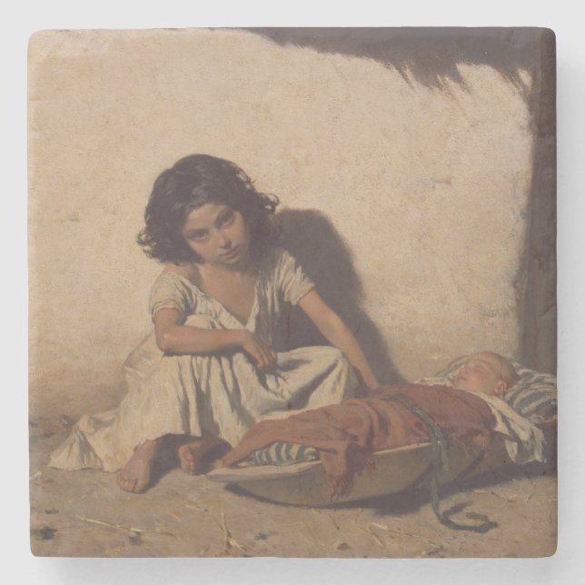 Junge Mädchen mit einem Baby (arme Straßenkinder) Steinuntersetzer (Vorderseite)