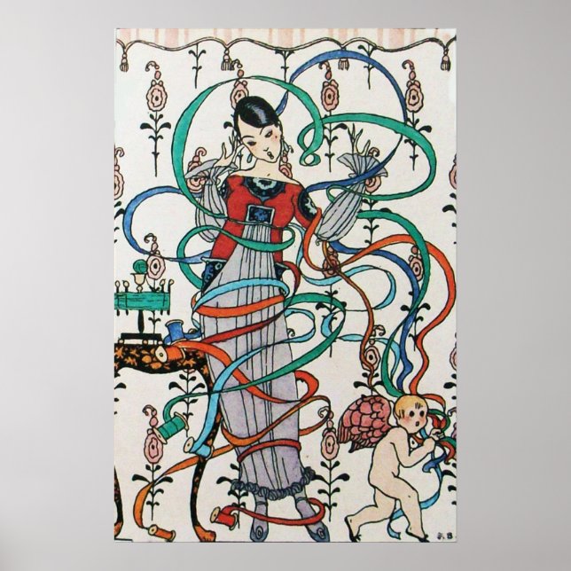 JUNGE MÄDCHEN MIT FARBEN RIBBON-WIRBEL UND KUPID POSTER (Vorne)